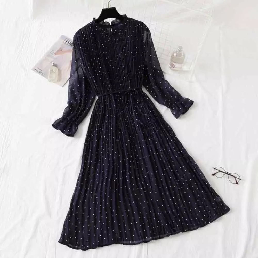 Navy Blue Chiffon Midi Dress with Dots (Size S)